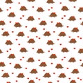 Seamless pattern: Isolated cute hedgehogs with apples and hearts on a white background. flat vector.